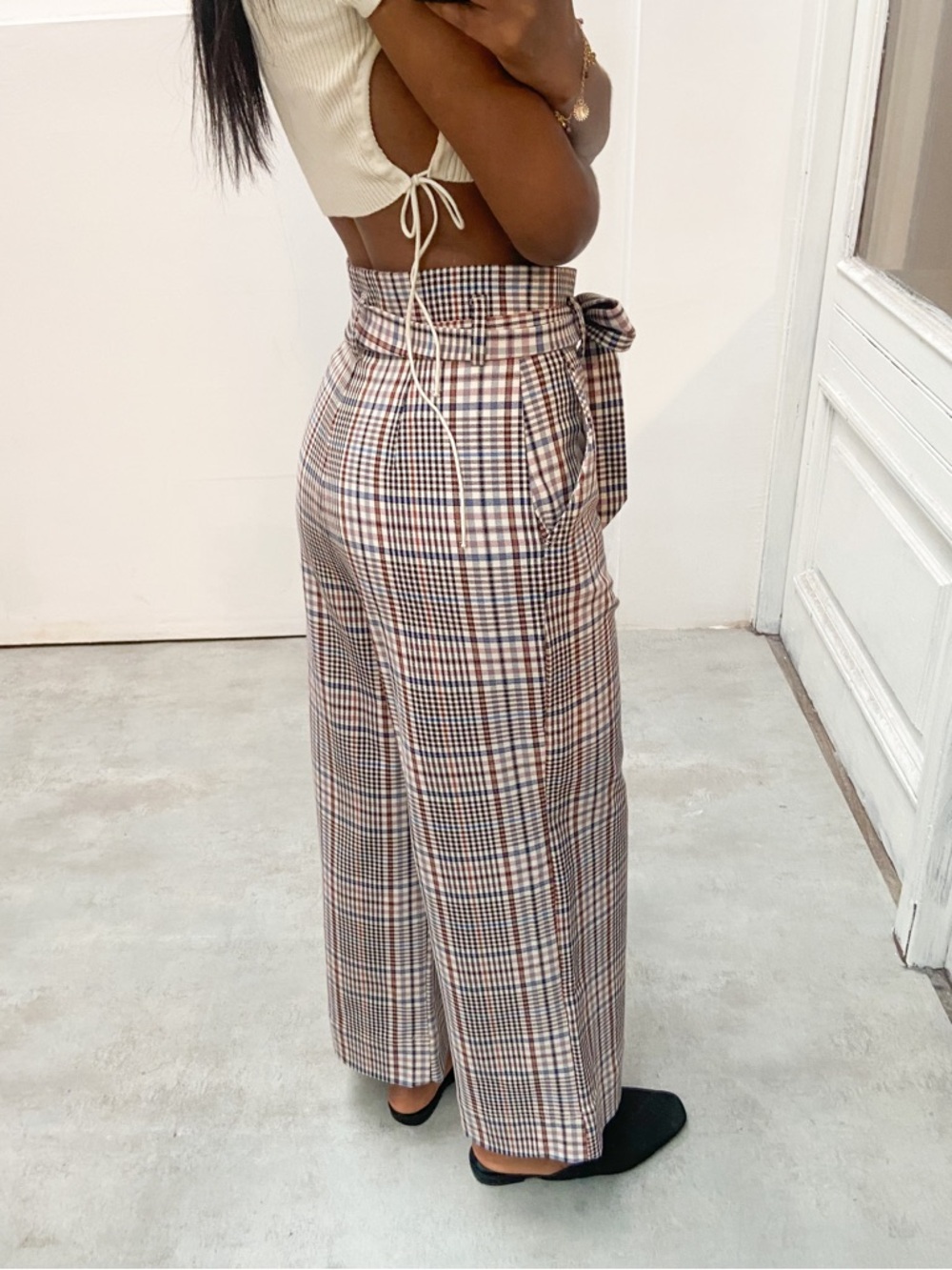 H&M Checked Tie-Waist Wide Leg Pants - Beige Plaid - Picture 4 of 13